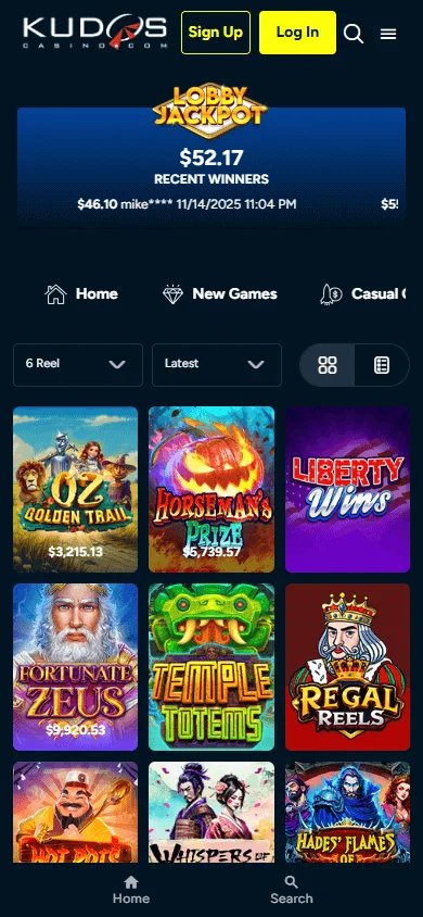 Kudos Casino games area on a mobile device