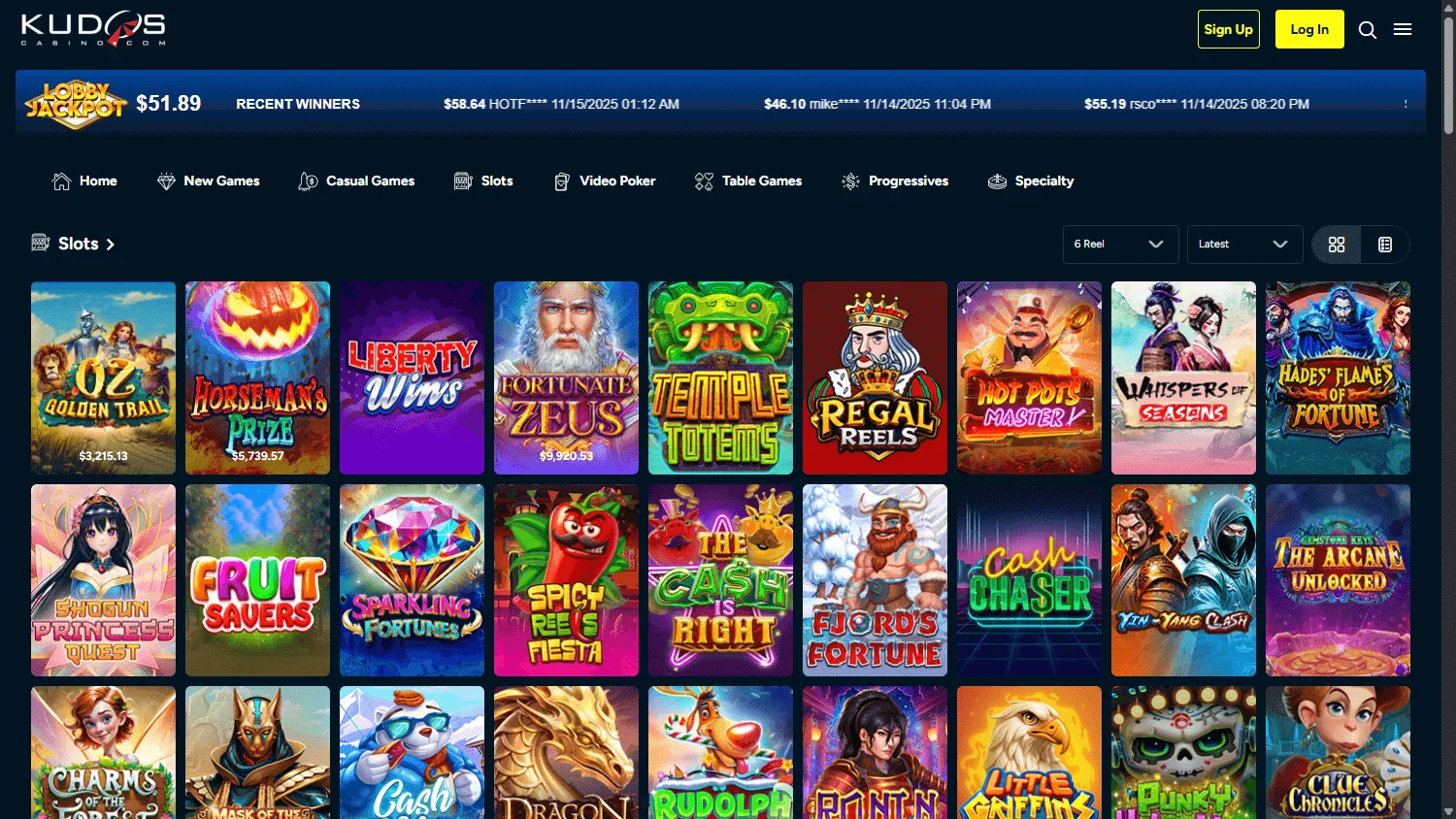 Kudos Casino games area on desktop