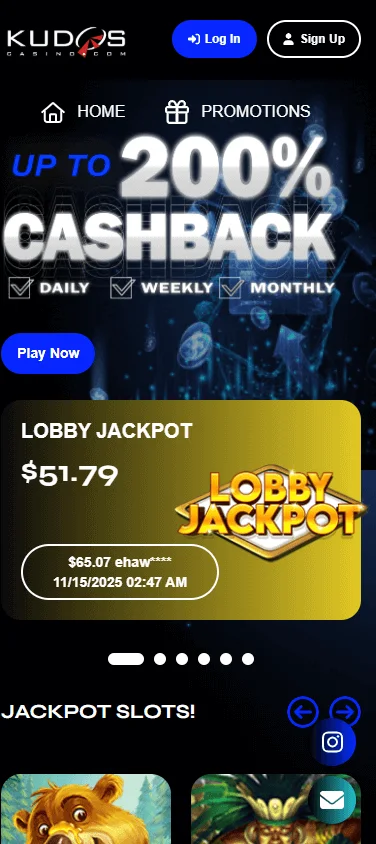 Kudos Casino home page on a mobile device