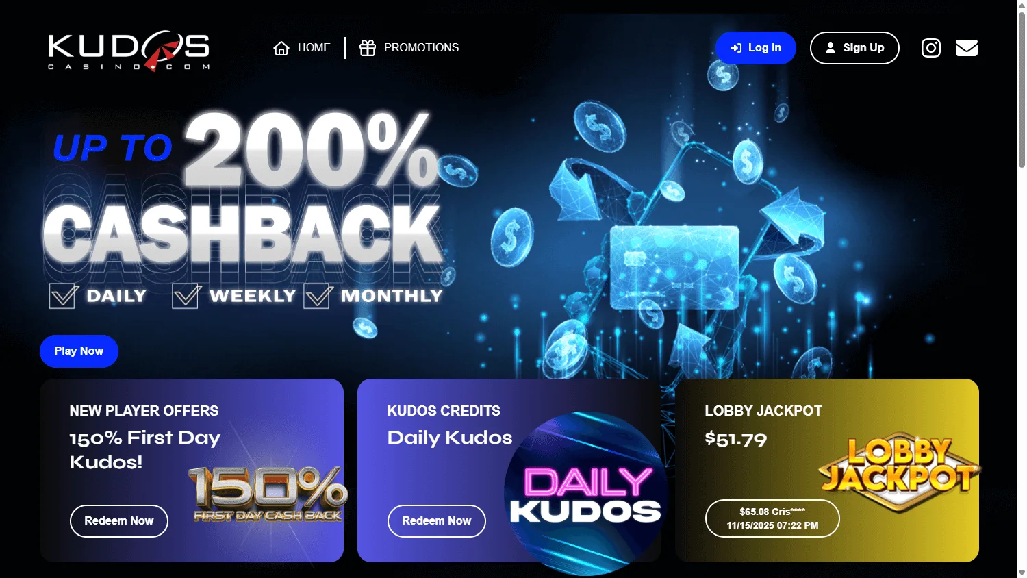 Kudos Casino home page on desktop