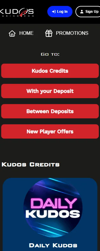 Kudos Casino promotions area on a mobile device