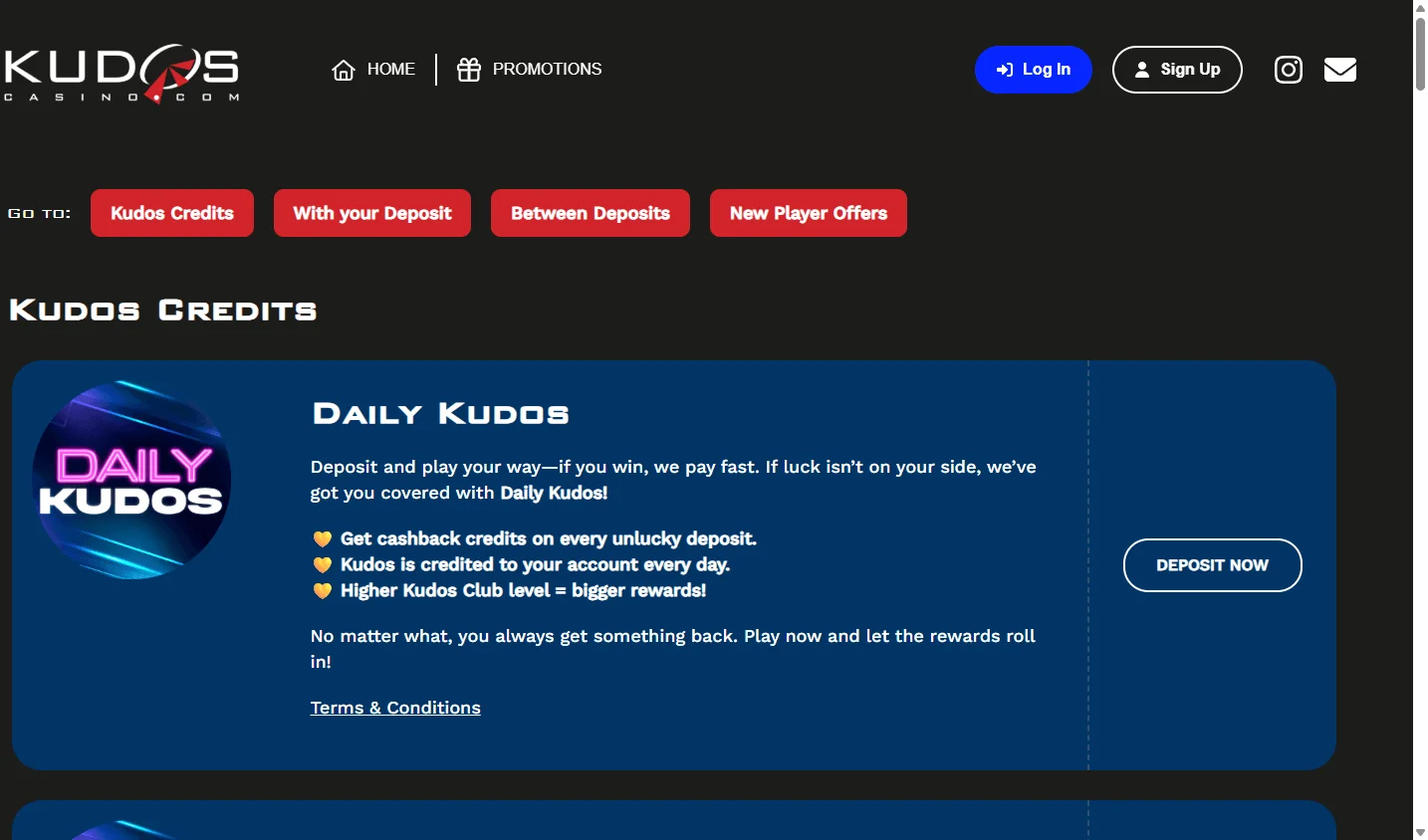 Kudos Casino promotions area on desktop